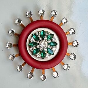 Vintage Upcycled Atomic Starburst Refrigerator Magnet Buttons Rhinestones Red Gr